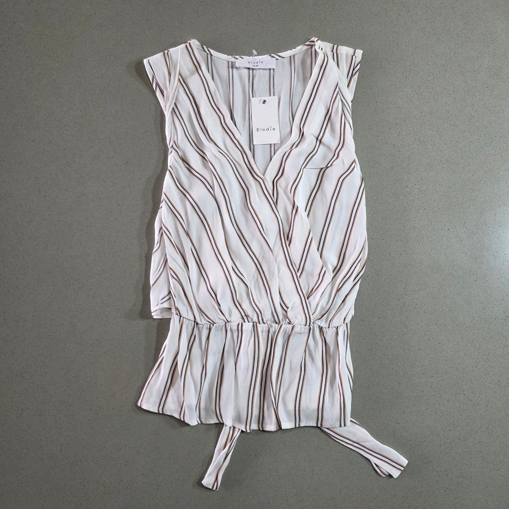 Elodie Women XS Striped Sleeveless Wrap V-Neck Blouse Back Tie Peplum Top White